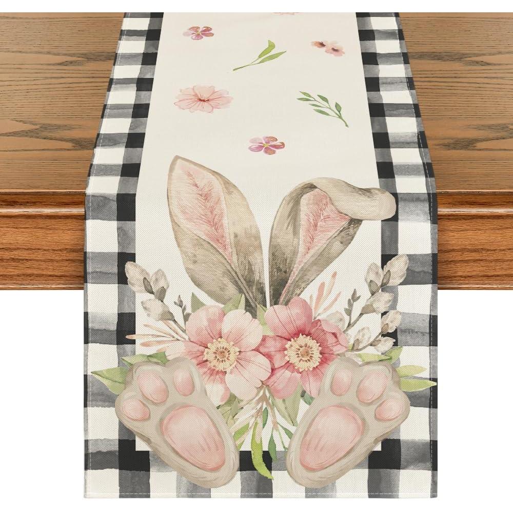 image:imageArtoid Mode Buffalo Plaid Bunny Ear Foot Flower Easter Table Runner Seasonal Spring Kitchen Dining Table Decoration for Home Party Decor 13x72 InchBlackWhite