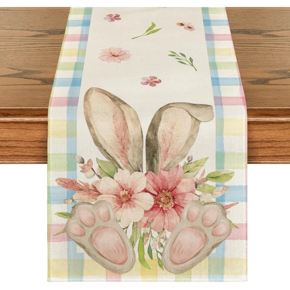 image:imageArtoid Mode Buffalo Plaid Bunny Ear Foot Flower Easter Table Runner Seasonal Spring Kitchen Dining Table Decoration for Home Party Decor 13x72 InchPinkBlue