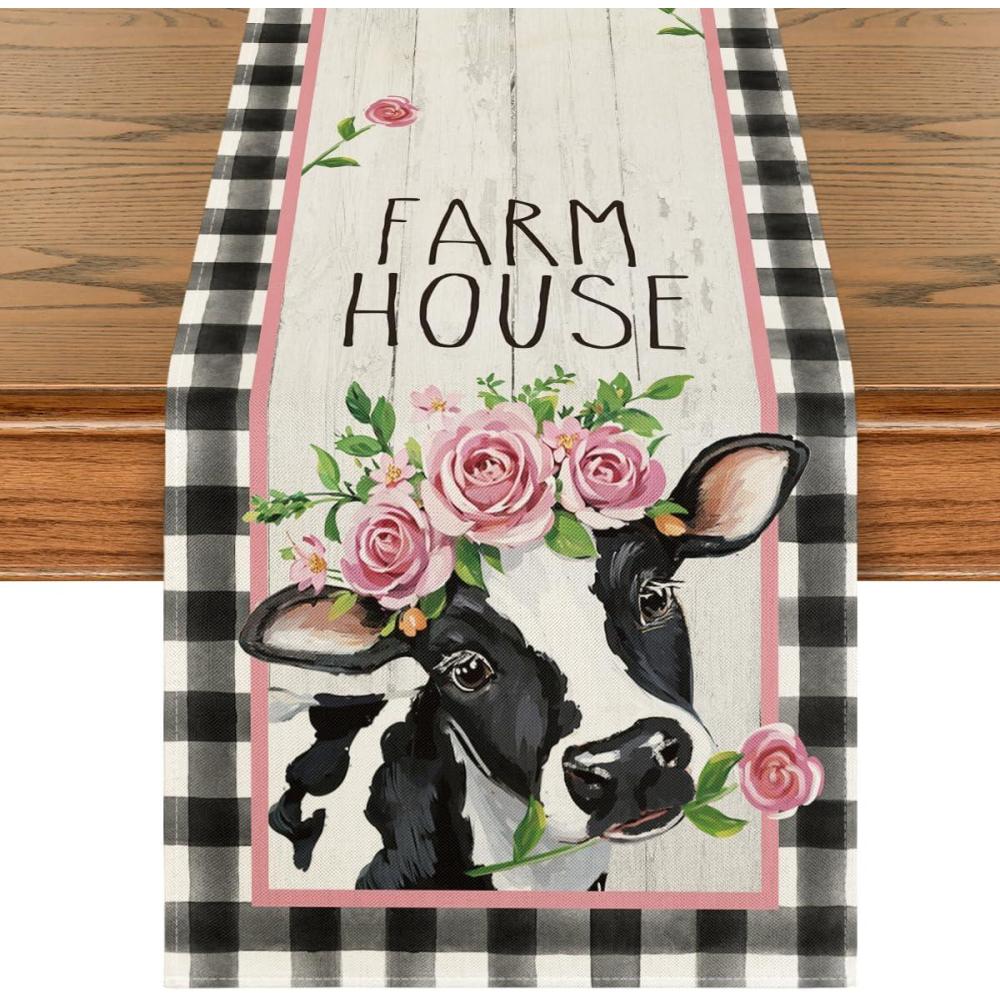 image:imageArtoid Mode Buffalo Plaid Cow Farm Table Runner Fall Farmhouse Kitchen Dining Table Decoration for Outdoor Home Party 13x72 Inch