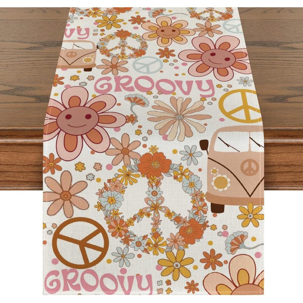 image:imageArtoid Mode Daisy Flower Peace and Love Table Runner Wreath Float Groovy Kitchen Dining Table Decoration for Outdoor Home Party 13x72 InchBeigePink