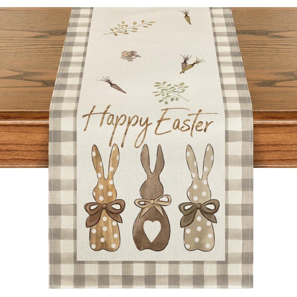 image:imageArtoid Mode Green Blue Pink Buffalo Plaid Bunny Happy Easter Table Runner Spring Kitchen Dining Table Decoration for Home Party Decor 13x72 InchBrownBeige