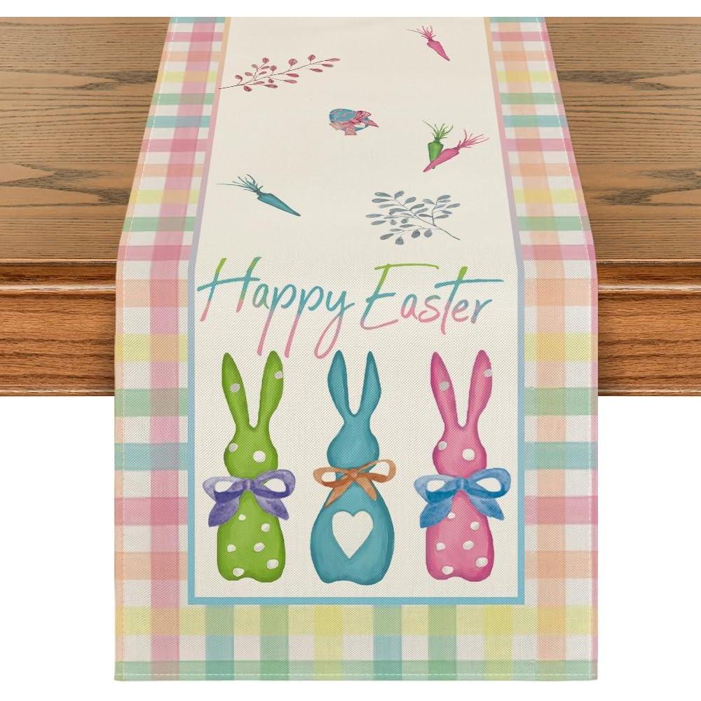 image:imageArtoid Mode Green Blue Pink Buffalo Plaid Bunny Happy Easter Table Runner Spring Kitchen Dining Table Decoration for Home Party Decor 13x72 InchGreenBluePink