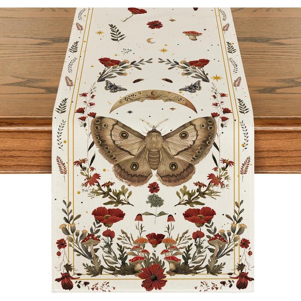 image:imageArtoid Mode Poppy Moth Mushroom Moon Fall Table Runner Seasonal Autumn Kitchen Dining Table Decoration for Home Party Decor 13x72 InchBeige