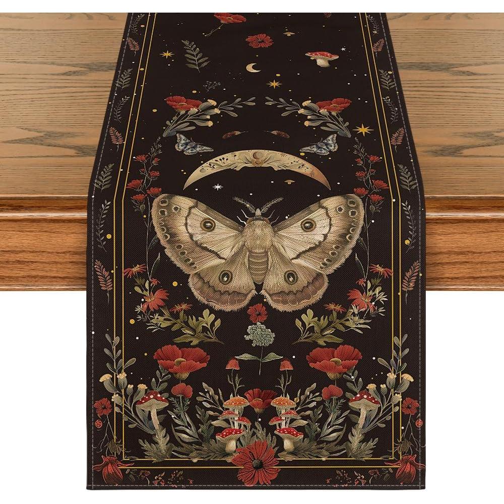 image:imageArtoid Mode Poppy Moth Mushroom Moon Fall Table Runner Seasonal Autumn Kitchen Dining Table Decoration for Home Party Decor 13x72 InchBlack