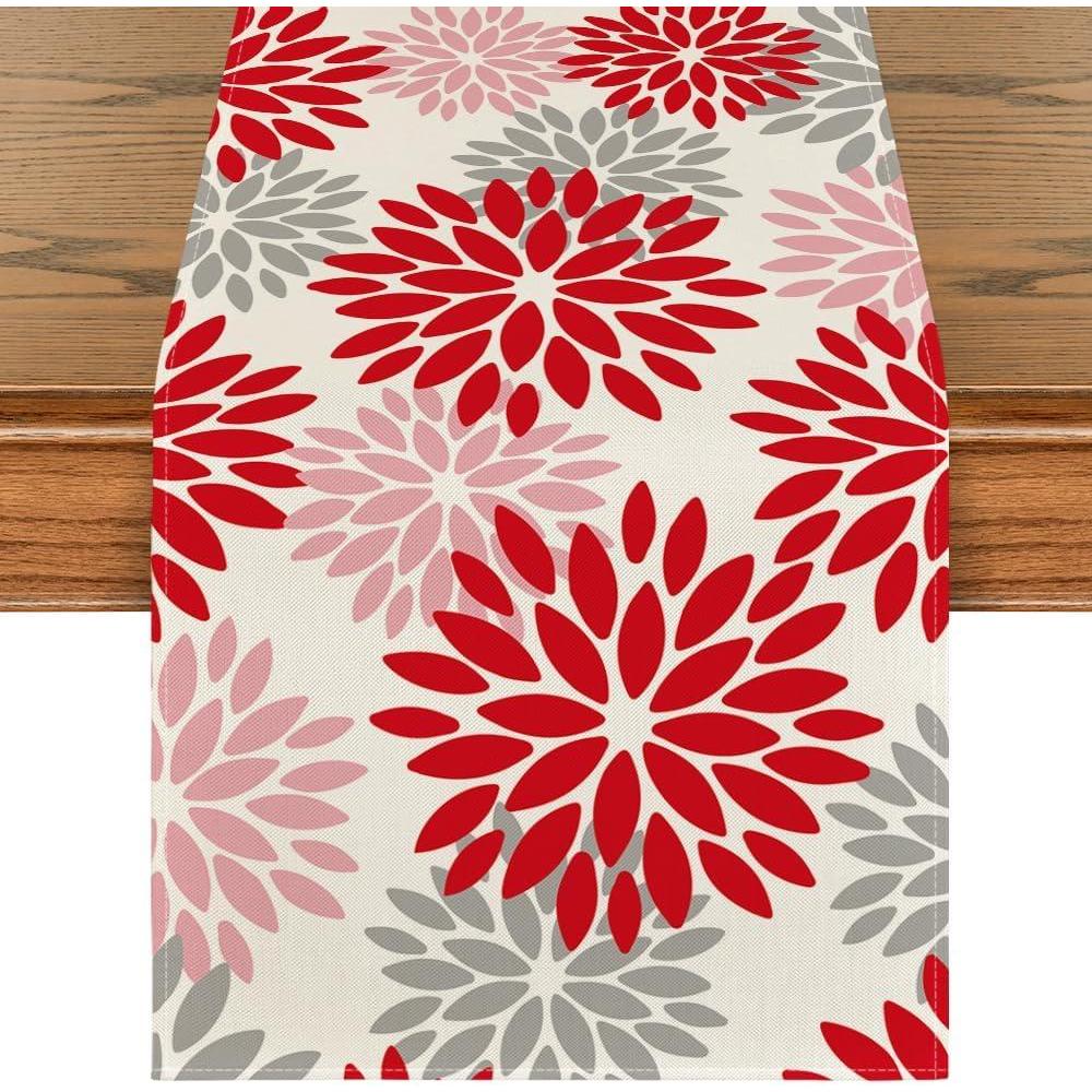 image:imageArtoid Mode Red Orange Dahlia Floral 2025 New Year Table Runner Spring Festival Winter Holiday Kitchen Dining Table Decoration for Home Party Decor 13x72 InchRedPinkGrey