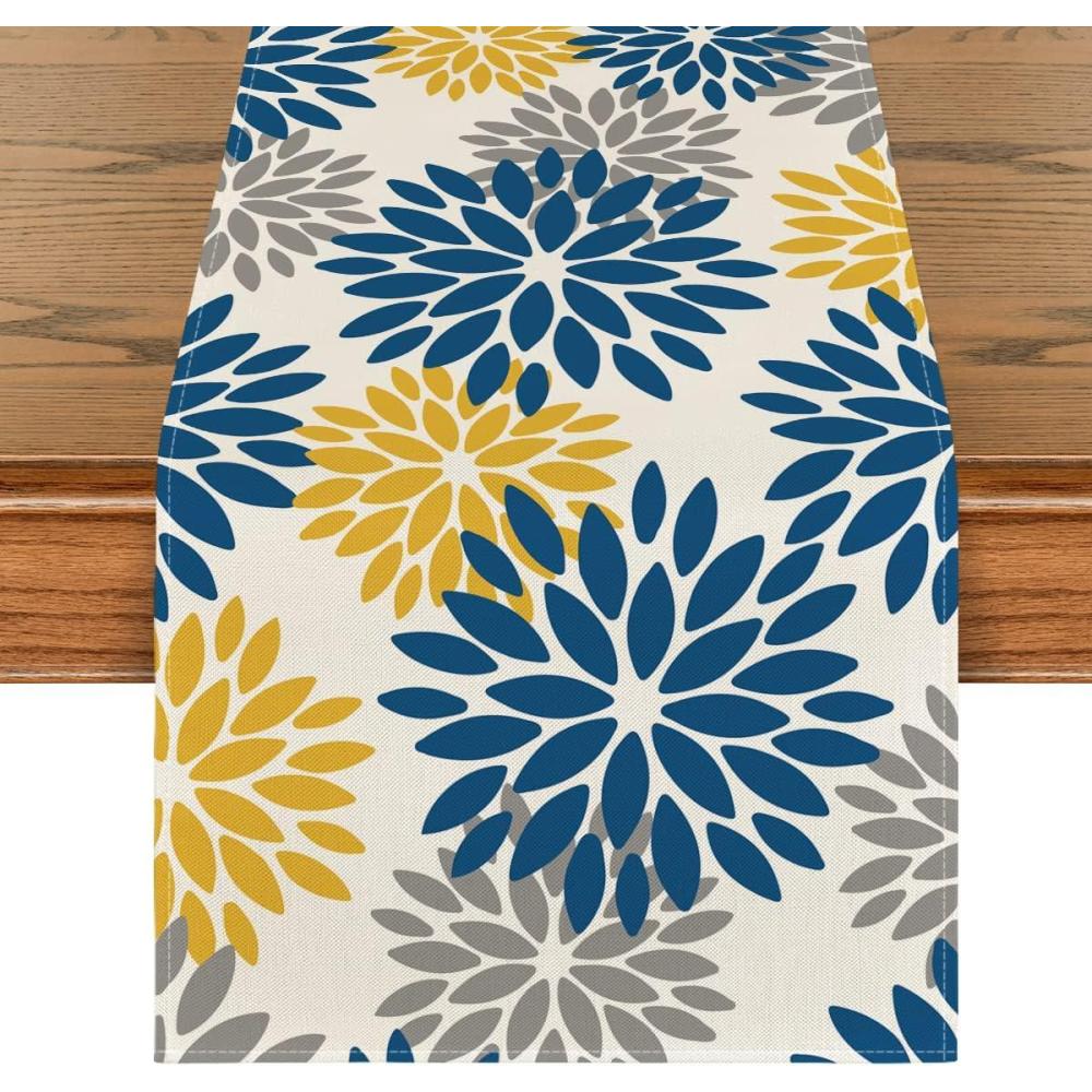 image:imageArtoid Mode Red Orange Dahlia Floral 2025 New Year Table Runner Spring Festival Winter Holiday Kitchen Dining Table Decoration for Home Party Decor 13x72 InchBlueYellowGrey