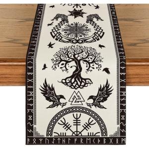 Artoid Mode Beige Viking Tree of Life Raven Helmet of Awe Table Runner, Seasonal Kitchen Dining Table Decoration for Home Party Decor 13×72 Inch(Beige)