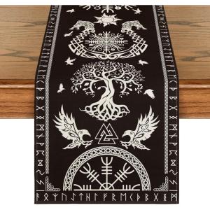 Artoid Mode Beige Viking Tree of Life Raven Helmet of Awe Table Runner, Seasonal Kitchen Dining Table Decoration for Home Party Decor 13×72 Inch(Black)