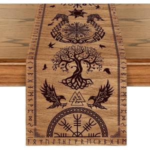 Artoid Mode Beige Viking Tree of Life Raven Helmet of Awe Table Runner, Seasonal Kitchen Dining Table Decoration for Home Party Decor 13×72 Inch(Brown)