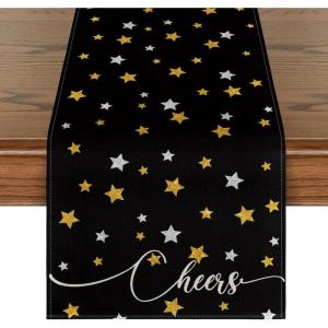 Artoid Mode Black Stars Cheers Happy Birthday Celebration 2026 New Year Table Runner, Graduation Holiday Kitchen Dining Table Decoration for Home Party 13×72 Inch(Table Runner  13″ x 72″)