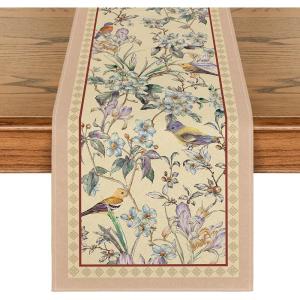 Artoid Mode Blue Birds Flowers Blossom Table Runner, Seasonal Spring Floral Kitchen Dining Table Decoration for Home Party Decor 13×72 Inch(Beige)