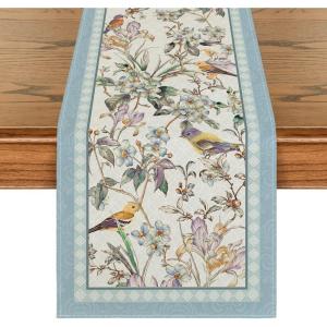 Artoid Mode Blue Birds Flowers Blossom Table Runner, Seasonal Spring Floral Kitchen Dining Table Decoration for Home Party Decor 13×72 Inch(Blue)