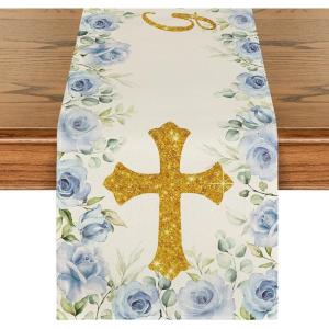 Artoid Mode Blue God Bless Boy Baptism Baby Shower Table Runner, First Holy Communion Christening Holiday Kitchen Dining Table Decoration for Home Party Decor 13×72 Inch(Blue)
