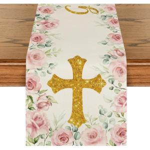 Artoid Mode Blue God Bless Boy Baptism Baby Shower Table Runner, First Holy Communion Christening Holiday Kitchen Dining Table Decoration for Home Party Decor 13×72 Inch(Pink)