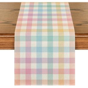 Artoid Mode Blue Pink Yellow Buffalo Plaid Easter Table Runner, Daily Holiday Check Kitchen Dining Table Decoration for Home Party Outdoor 13×72 Inch(Blue/Pink/Yellow)