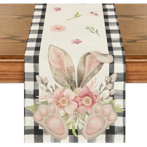 Artoid Mode Buffalo Plaid Bunny Ear Foot Flower Easter Table Runner, Seasonal Spring Kitchen Dining Table Decoration for Home Party Decor 13×72 Inch(Black/White)