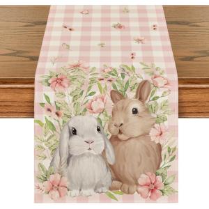 Artoid Mode Bunny Rabbit Flowers Leaves Green Buffalo Plaid Easter Table Runner, Kitchen Dining Table Decoration for Home Party Decor 13×72 Inch(Pink)