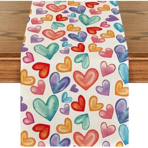 Artoid Mode Colorful Love Heart Pride Month Table Runner, Seasonal Valentine Spring Summer Kitchen Dining Table Decoration for Home Party Decor 13×72 Inch(Beige)