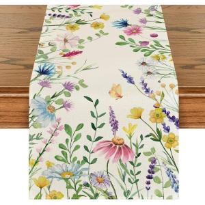 Artoid Mode Daisy Eucalyptus Lavender Floral Leaves Summer Table Runner, Spring Kitchen Dining Table Decoration for Home Party Decor 13×72 Inch(Beige)