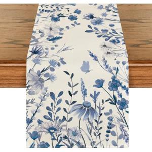 Artoid Mode Daisy Eucalyptus Lavender Floral Leaves Summer Table Runner, Spring Kitchen Dining Table Decoration for Home Party Decor 13×72 Inch(Blue)