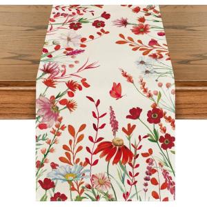 Artoid Mode Daisy Eucalyptus Lavender Floral Leaves Summer Table Runner, Spring Kitchen Dining Table Decoration for Home Party Decor 13×72 Inch(Orange)