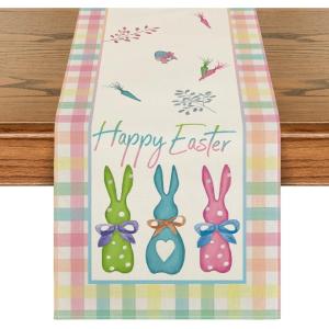 Artoid Mode Green Blue Pink Buffalo Plaid Bunny Happy Easter Table Runner, Spring Kitchen Dining Table Decoration for Home Party Decor 13×72 Inch(Green/Blue/Pink)