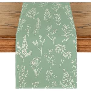 Artoid Mode Leaves Flowers Spring Table Runner, Seasonal Kitchen Dining Table Decoration for Home Party Decor 13×72 Inch(Sage Green)