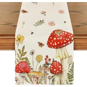 Artoid Mode Mushroom Wildflowers Spring Table Runner, Seasonal Summer Bees Butterfly Kitchen Dining Table Decoration for Home Party Decor 13×72 Inch(Beige)