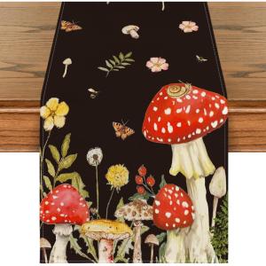 Artoid Mode Mushroom Wildflowers Spring Table Runner, Seasonal Summer Bees Butterfly Kitchen Dining Table Decoration for Home Party Decor 13×72 Inch(Black)