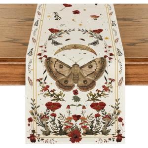 Artoid Mode Poppy Moth Mushroom Moon Fall Table Runner, Seasonal Autumn Kitchen Dining Table Decoration for Home Party Decor 13×72 Inch(Beige)