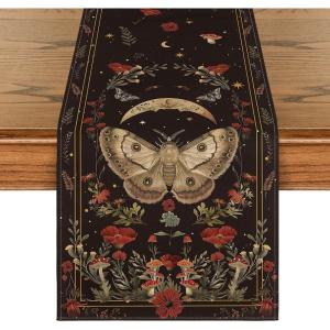 Artoid Mode Poppy Moth Mushroom Moon Fall Table Runner, Seasonal Autumn Kitchen Dining Table Decoration for Home Party Decor 13×72 Inch(Black)
