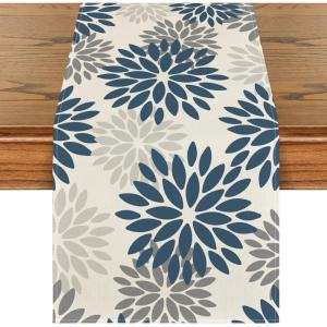 Artoid Mode Red Orange Dahlia Floral 2025 New Year Table Runner, Spring Festival Winter Holiday Kitchen Dining Table Decoration for Home Party Decor 13×72 Inch(Blue/Grey/Silver)