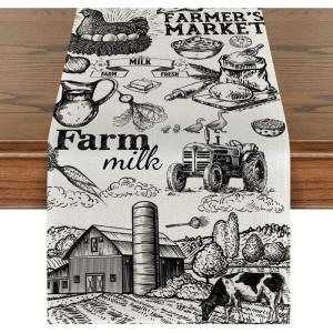 Artoid Mode Tractor Milk Farm Table Runner, Cow House Fall Kitchen Dining Table Decoration for Outdoor Home Party 13×72 Inch(Beige)