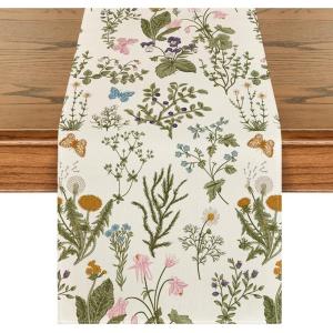 Artoid Mode Wildflowers Floral Spring Table Runner, Seasonal Summer Butterfly Kitchen Dining Table Decoration for Home Party 13×72 Inch(Beige)