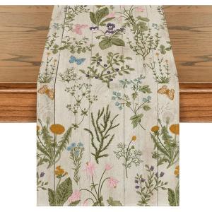 Artoid Mode Wildflowers Floral Spring Table Runner, Seasonal Summer Butterfly Kitchen Dining Table Decoration for Home Party 13×72 Inch(Wood)