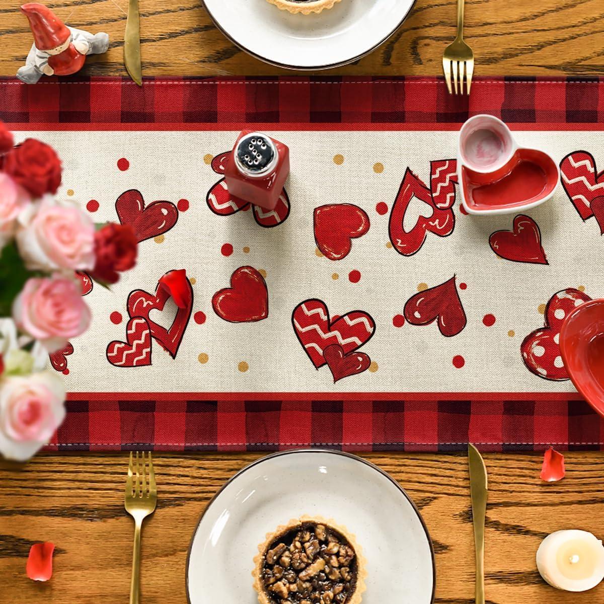 image:imageArtoid Mode Buffalo Plaid Red Heart Bow Tie Valentines Day Table Runner Seasonal Kitchen Dining Table Decoration for Home Party Decor 13x72 InchRed