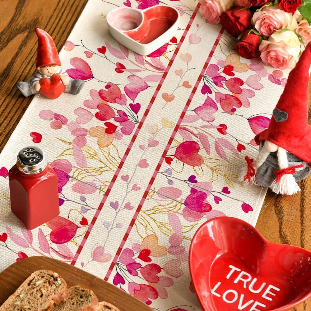image:imageArtoid Mode Red Pink Heart Branch Table Runner Seasonal Leaf Kitchen Dining Table Decoration for Home Party Decor 13x72 InchPink