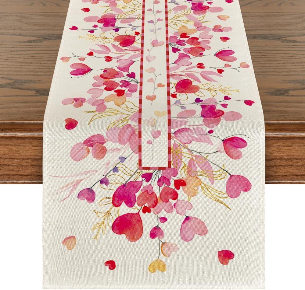 image:imageArtoid Mode Red Pink Heart Branch Table Runner Seasonal Leaf Kitchen Dining Table Decoration for Home Party Decor 13x72 InchPink