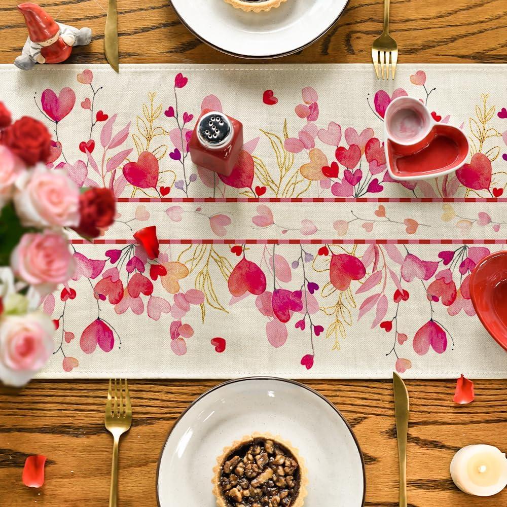 image:imageArtoid Mode Red Pink Heart Branch Table Runner Seasonal Leaf Kitchen Dining Table Decoration for Home Party Decor 13x72 InchPink