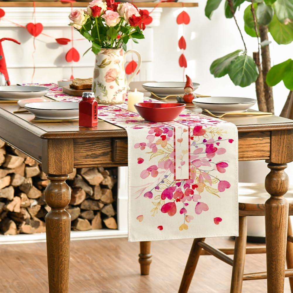 image:imageArtoid Mode Red Pink Heart Branch Table Runner Seasonal Leaf Kitchen Dining Table Decoration for Home Party Decor 13x72 InchPink