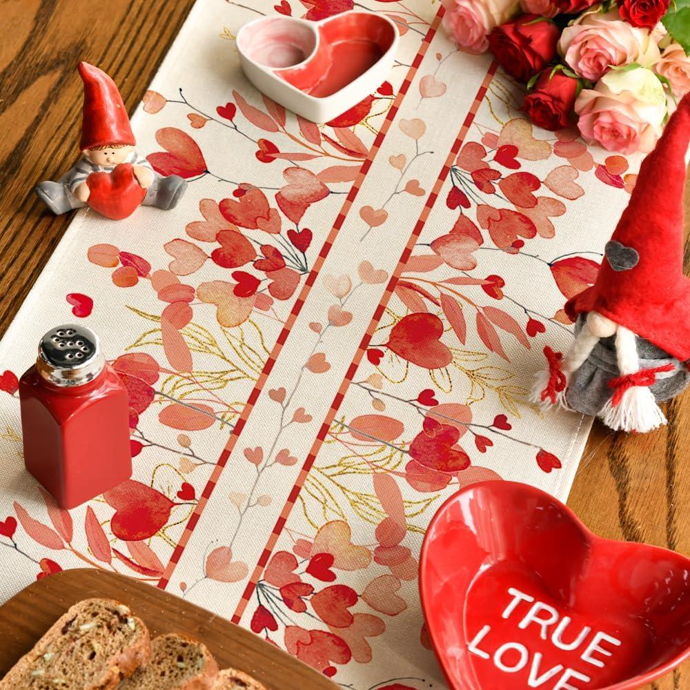 image:imageArtoid Mode Red Pink Heart Branch Table Runner Seasonal Leaf Kitchen Dining Table Decoration for Home Party Decor 13x72 InchRed