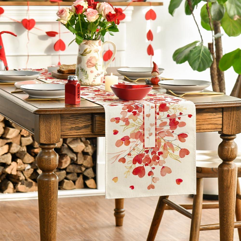 image:imageArtoid Mode Red Pink Heart Branch Table Runner Seasonal Leaf Kitchen Dining Table Decoration for Home Party Decor 13x72 InchRed