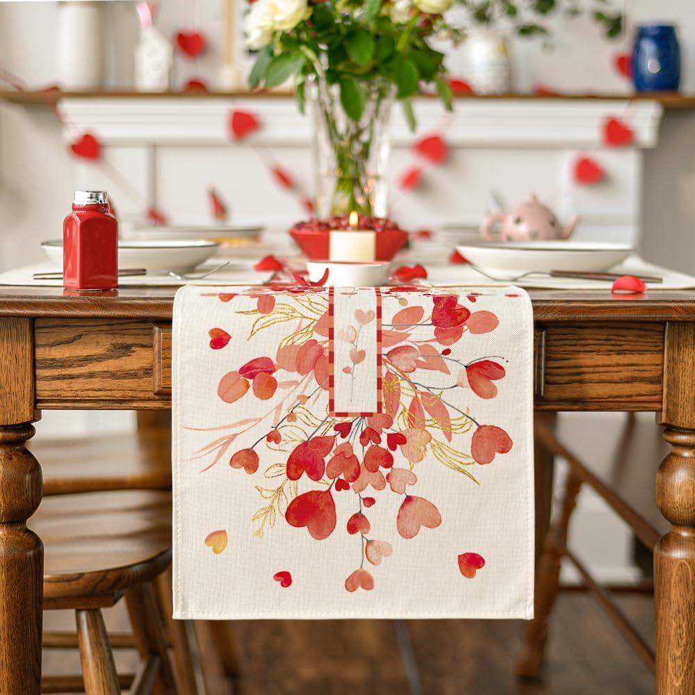 image:imageArtoid Mode Red Pink Heart Branch Table Runner Seasonal Leaf Kitchen Dining Table Decoration for Home Party Decor 13x72 InchRed