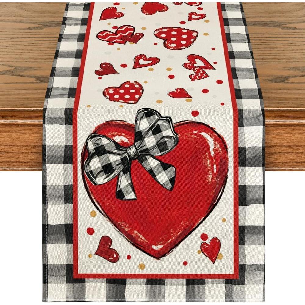 image:imageArtoid Mode Buffalo Plaid Red Heart Bow Tie Valentines Day Table Runner Seasonal Kitchen Dining Table Decoration for Home Party Decor 13x72 InchBuffalo Plaid