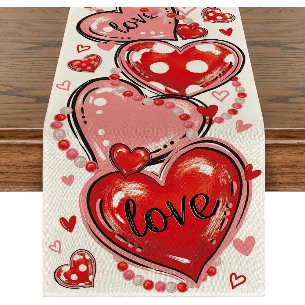 image:imageArtoid Mode Love Red Pink Heart Valentines Day Table Runner Anniversary Wedding Kitchen Dining Table Decoration for Home Party Decor 13x72 InchRed Love