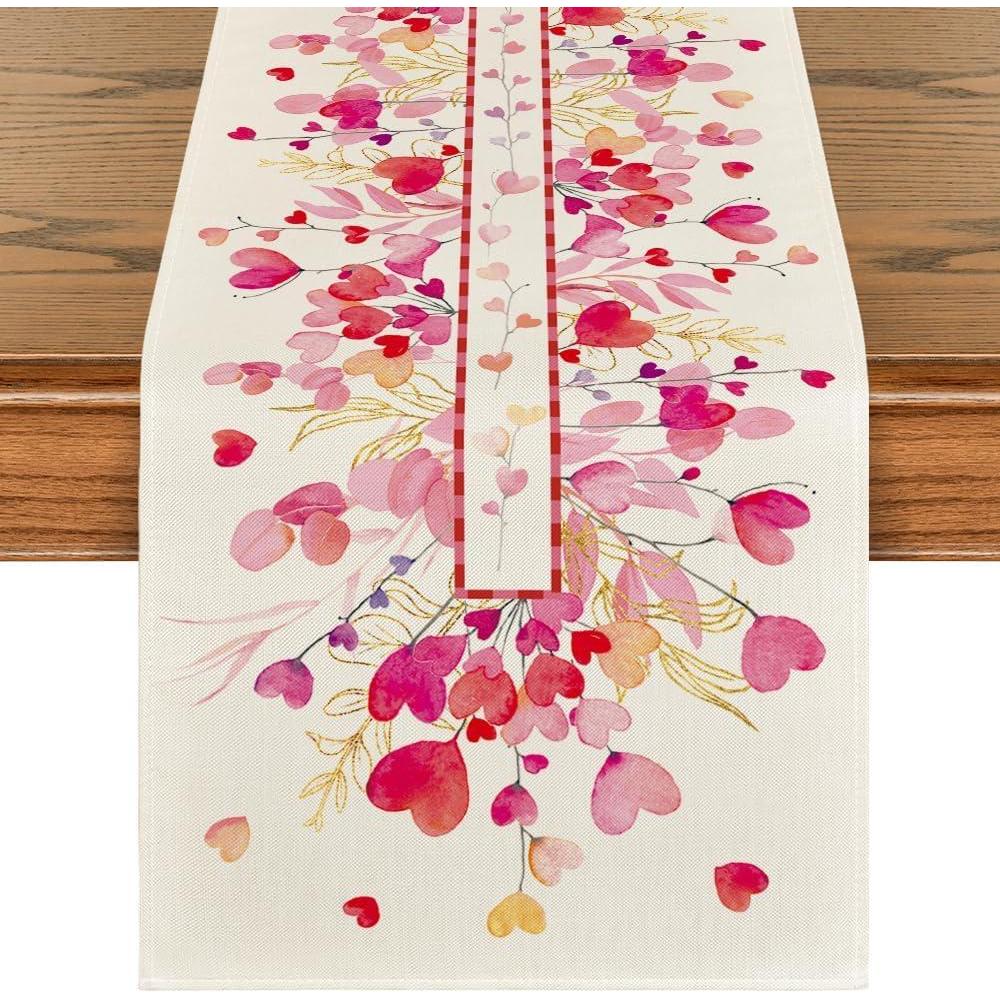 image:imageArtoid Mode Red Pink Heart Branch Table Runner Seasonal Leaf Kitchen Dining Table Decoration for Home Party Decor 13x72 InchPink