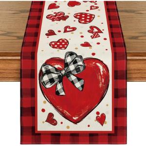 Artoid Mode Buffalo Plaid Red Heart Bow Tie Valentine’s Day Table Runner, Seasonal Kitchen Dining Table Decoration for Home Party Decor 13×72 Inch(Red)