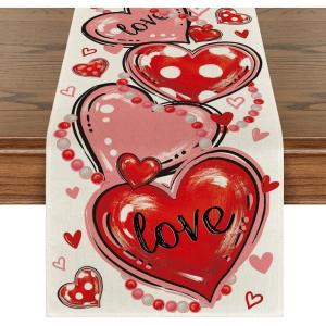 Artoid Mode Love Red Pink Heart Valentine’s Day Table Runner, Anniversary Wedding Kitchen Dining Table Decoration for Home Party Decor 13×72 Inch(Red Love)