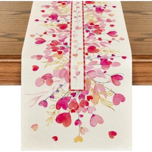 Artoid Mode Red Pink Heart Branch Table Runner, Seasonal Leaf Kitchen Dining Table Decoration for Home Party Decor 13×72 Inch(Pink)