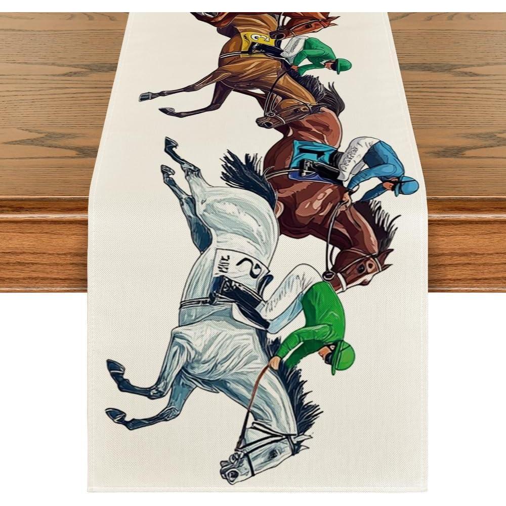 image:imageArtoid Mode Horse Racing Jockey Kentucky Table Runner Sports Festival Holiday Kitchen Dining Table Decoration for Home Party Decor 13x72 InchBeige